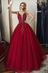 Elegant Tulle Straps Ball Gown Beaded Burgundy Long Prom Dress